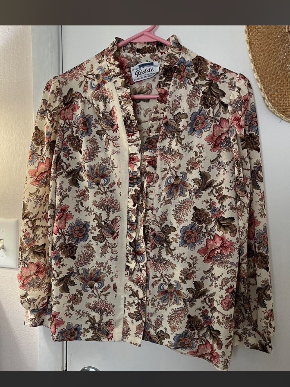 Floral Cream Button-Front Blouse with Pink & Blue Accents